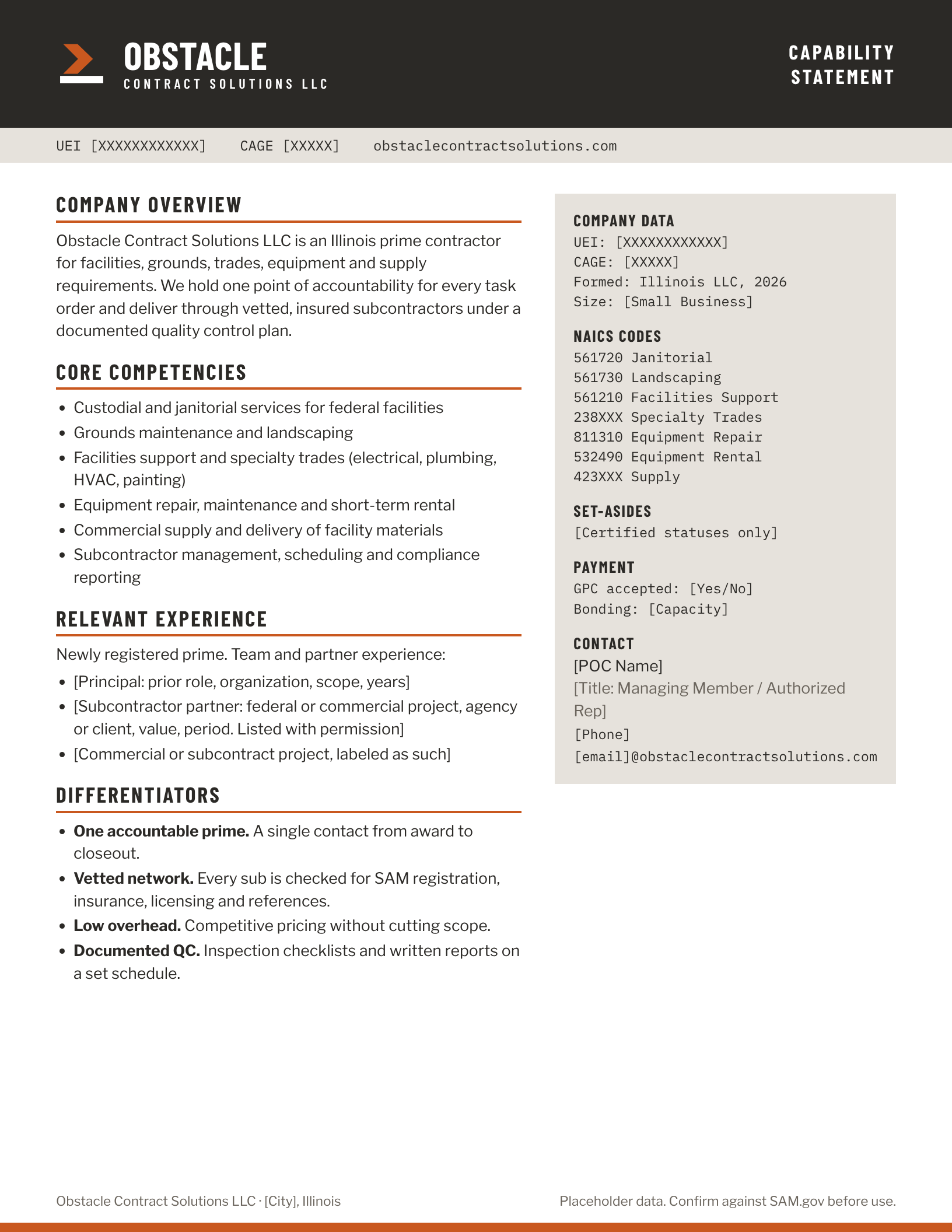 One-page capability statement for Obstacle Contract Solutions LLC